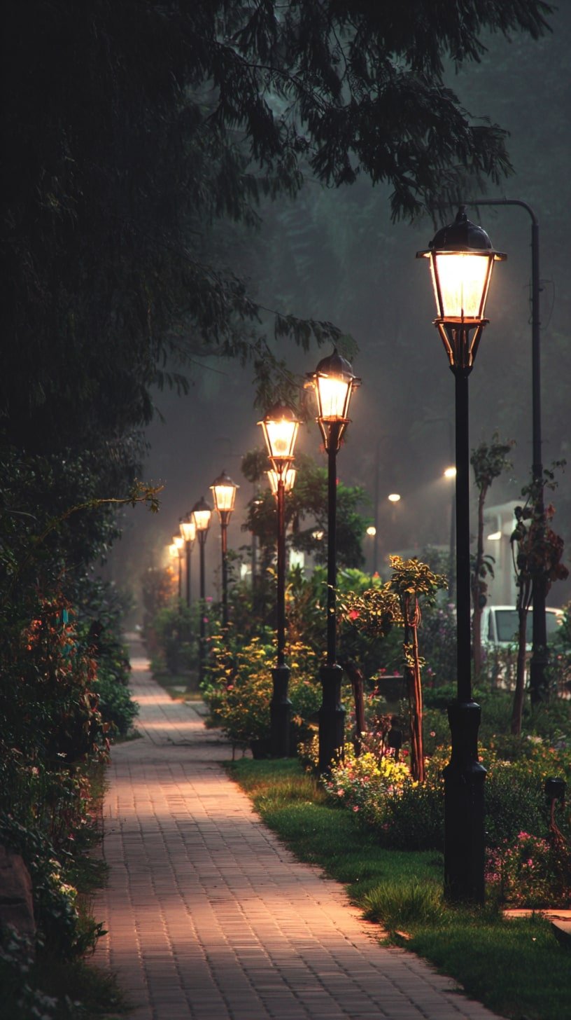 Garden Walkway with Traditional Lamp Posts