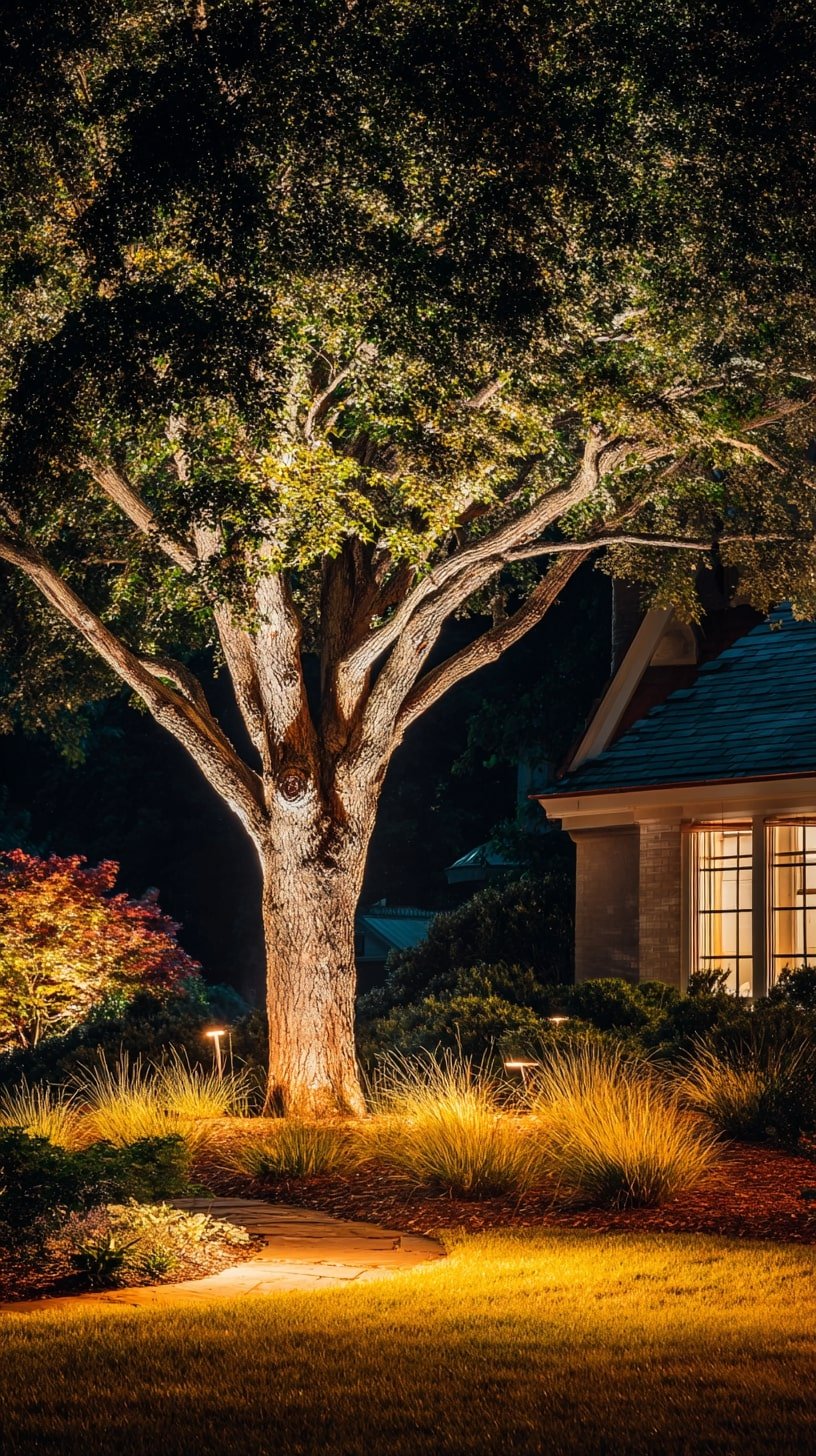 Tree Trunk with Ground-Level Uplights